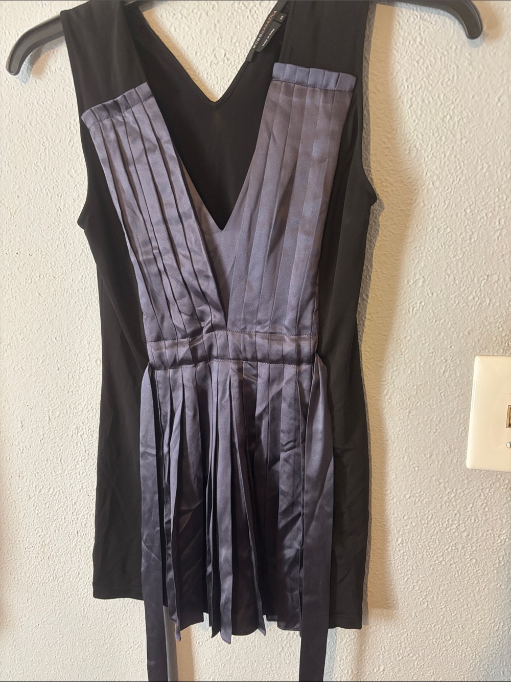BCBGMaxAzria Black Dress with Gray Pleated Satin Front